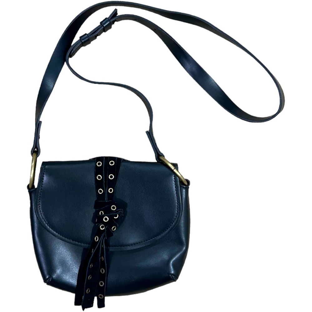 American Eagle AE Mini Suede Tassel Saddle Crossbody Bag Purse Black